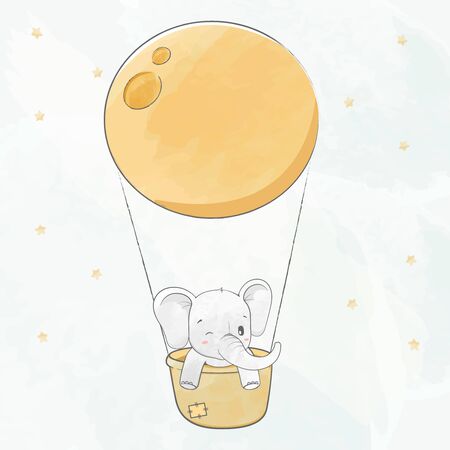 Cute baby elephant in a basket and super moon water color cartoon hand drawn vecter illustration. Use for Happy birthday invitation card, T-shirt print, baby shower.のイラスト素材