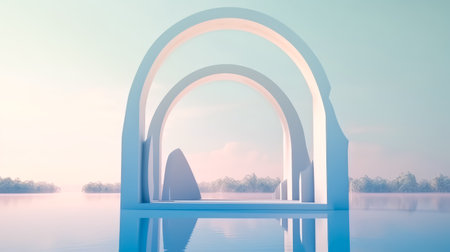 3d rendering of a white arch on a lake in the morningの素材