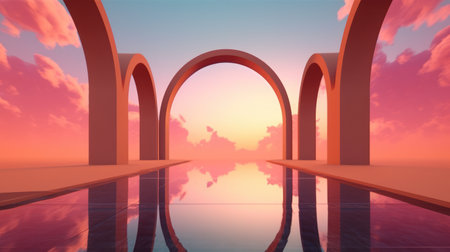 3D render of an arched entrance to the sea at sunsetの素材