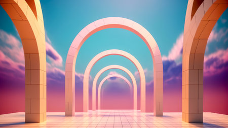 3d illustration of an archway in the sky with pink cloudsの素材