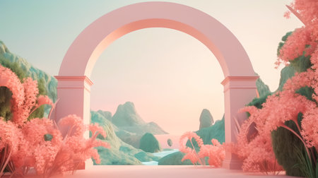 3d render of arch and flowers in the park. Nature backgroundの素材