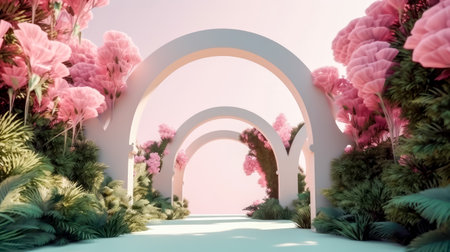 3d render of archway with pink flowers in a garden.の素材