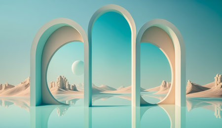 3d illustration of arches in the desert with sand and moonの素材