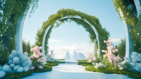 3d render of a wedding arch with flowers and trees in the backgroundの素材