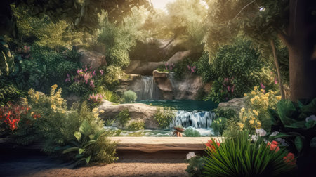 Natural garden landscape,stream, lush rich foliage flowers.Use for product presentation and banner.Generative AIの素材