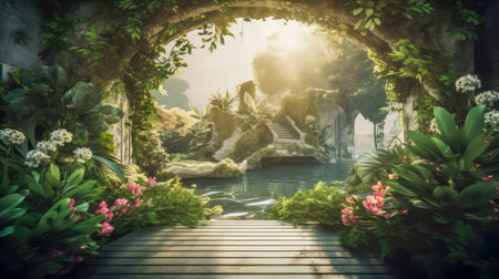 Natural garden landscape,stream, lush rich foliage flowers.Use for product presentation and banner.Generative AIの素材