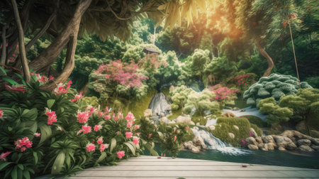 Natural garden landscape,stream, lush rich foliage flowers.Use for product presentation and banner.Generative AIの素材