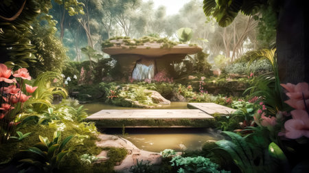 Natural garden landscape,stream, lush rich foliage flowers.Use for product presentation and banner.Generative AIの素材