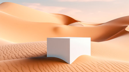 Desert landscape with pedestal showcase ,sand and sky.Use for product presentation and banner.Generative AIの素材