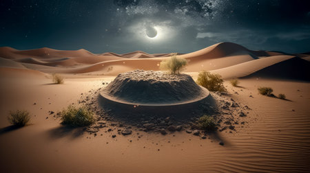 Desert landscape with pedestal showcase ,sand and sky.Use for product presentation and banner.Generative AIの素材