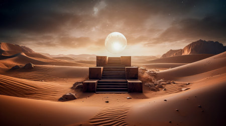 Desert landscape with pedestal showcase ,sand and sky.Use for product presentation and banner.Generative AIの素材