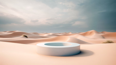 Desert landscape with pedestal showcase ,sand and sky.Use for product presentation and banner.Generative AIの素材