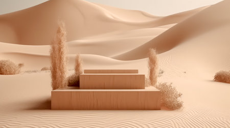 Desert landscape with pedestal showcase ,sand and sky.Use for product presentation and banner.Generative AIの素材