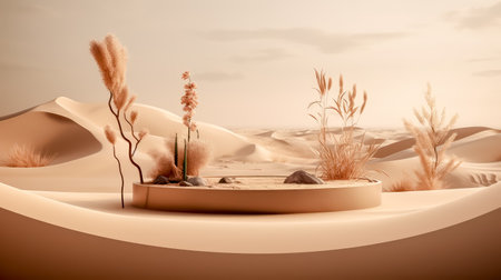 Desert landscape with pedestal showcase ,sand and sky.Use for product presentation and banner.Generative AIの素材