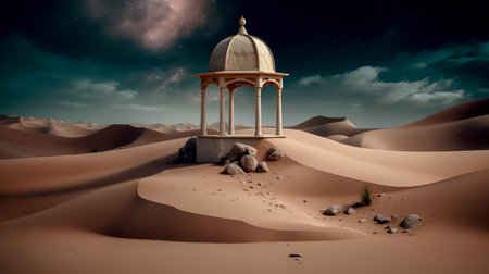 Desert landscape with pedestal showcase ,sand and sky.Use for product presentation and banner.Generative AIの素材
