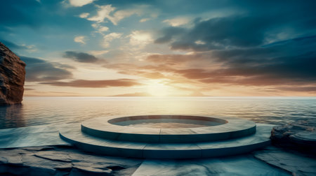 Ocean landscape with pedestal showcase ,sea and sky.Use for product presentation and banner.Generative AIの素材