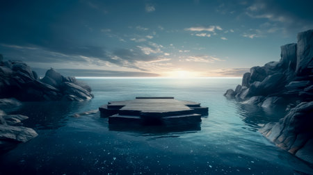 Ocean landscape with pedestal showcase ,sea and sky.Use for product presentation and banner.Generative AIの素材