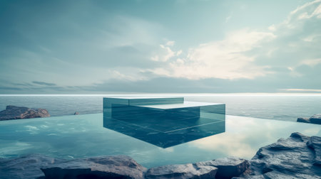 Ocean landscape with pedestal showcase ,sea and sky.Use for product presentation and banner.Generative AIの素材