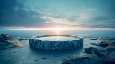 Ocean landscape with pedestal showcase ,sea and sky.Use for product presentation and banner.Generative AIの素材