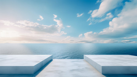 Ocean landscape with pedestal showcase ,sea and sky.Use for product presentation and banner.Generative AIの素材