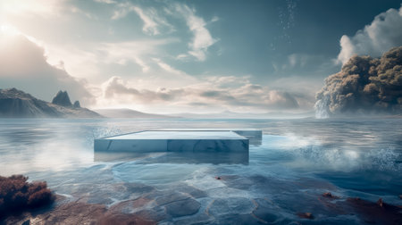 Ocean landscape with pedestal showcase ,sea and sky.Use for product presentation and banner.Generative AIの素材