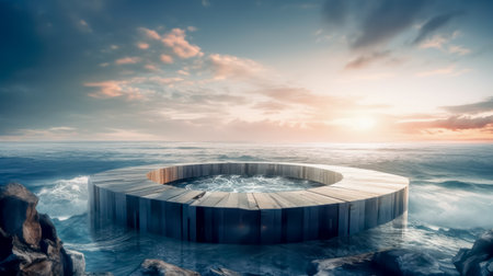 Ocean landscape with pedestal showcase ,sea and sky.Use for product presentation and banner.Generative AIの素材