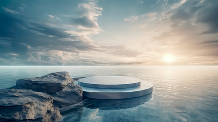 Ocean landscape with pedestal showcase ,sea and sky.Use for product presentation and banner.Generative AIの素材
