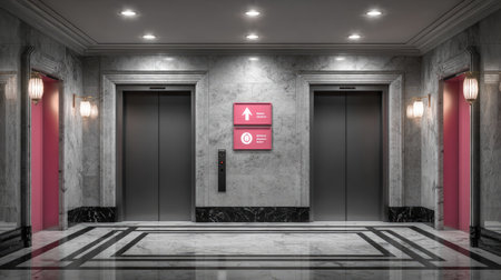 Hotel elevator doors opening on lobby floor with directional signage and lightingの素材