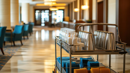 Green cleaning supplies in housekeeping cart emphasizing eco-conscious hotel serviceの素材