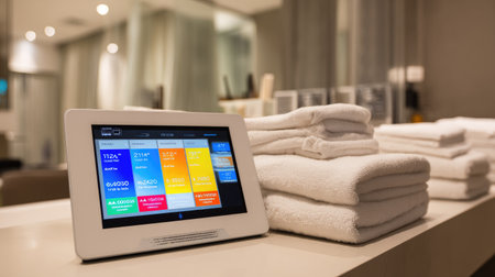 Digital smart room control tablet on hotel desk showing room settingsの素材