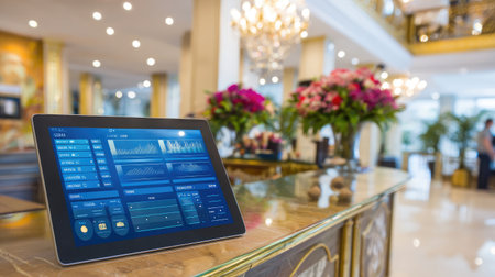 Digital smart room control tablet on hotel desk showing room settingsの素材