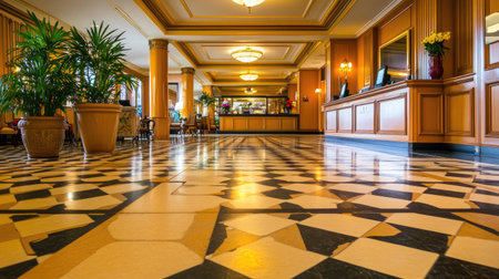 Freshly mopped hotel lobby area with mirror reflection and clean reception deskの素材