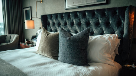 Cozy king-size bed in boutique hotel room with decorative cushions and soft lightingの素材