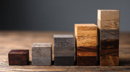 Bar chart made of wooden blocks with each bar labeled as a quarterly growth stageの素材