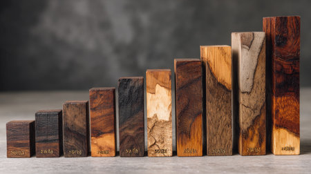 Bar chart made of wooden blocks with each bar labeled as a quarterly growth stageの素材