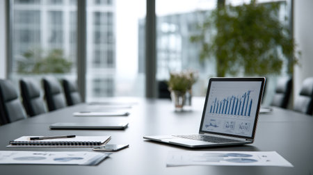 Business meeting agenda, market reports, and laptop organized on long tableの素材