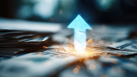 Abstract upward arrow and dollar sign overlay on blurred financial documentsの素材