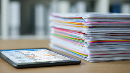 Budget planning spreadsheet on tablet beside stack of printed reportsの素材