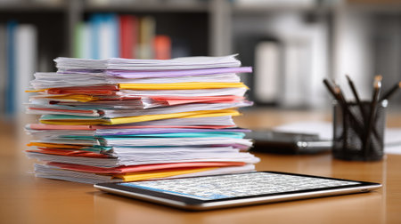 Budget planning spreadsheet on tablet beside stack of printed reportsの素材