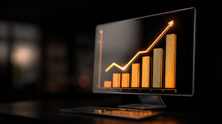 Business growth bar chart on computer monitor with glowing upward trend linesの素材
