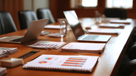 Business meeting agenda, market reports, and laptop organized on long tableの素材