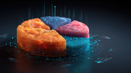 Abstract representation of big data analytics with pie charts and data layersの素材