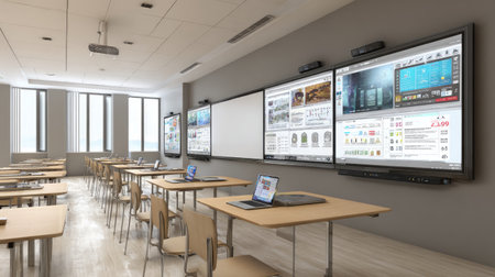 Classroom wall with mounted display showing rotating educational infographicsの素材