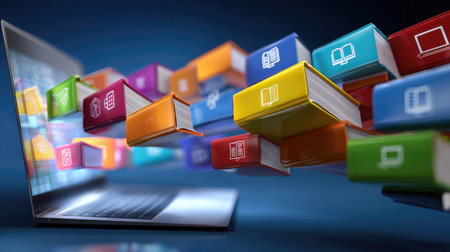 Abstract representation of IT skills learning with books, laptops, and digital iconsの素材