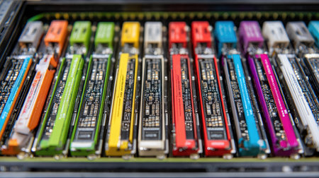 Close-up of SSD storage devices and IT backup drives in organized setupの素材
