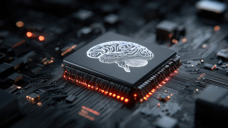 Artificial intelligence concept with digital brain and processor in a tech matrixの素材