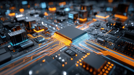 Circuit board in extreme close-up showing data flow and computing processesの素材
