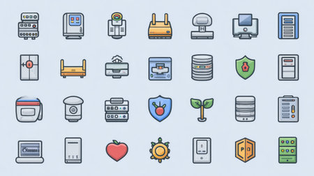 Collection of IT infrastructure icons including router, firewall, and database symbolsの素材