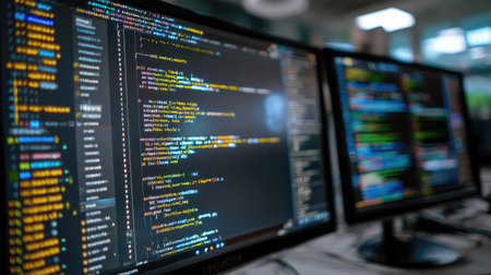 Computer screen showing open code editor and real-time compiler output for studentsの素材