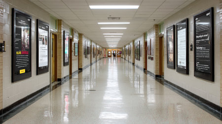 Digital display board in school hallway with announcements and updatesの素材